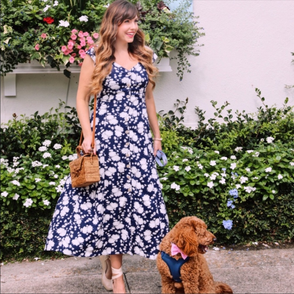 Anthropologie Maeve Blue & White floral Maxi Sundress Cap Sleeves Size 10